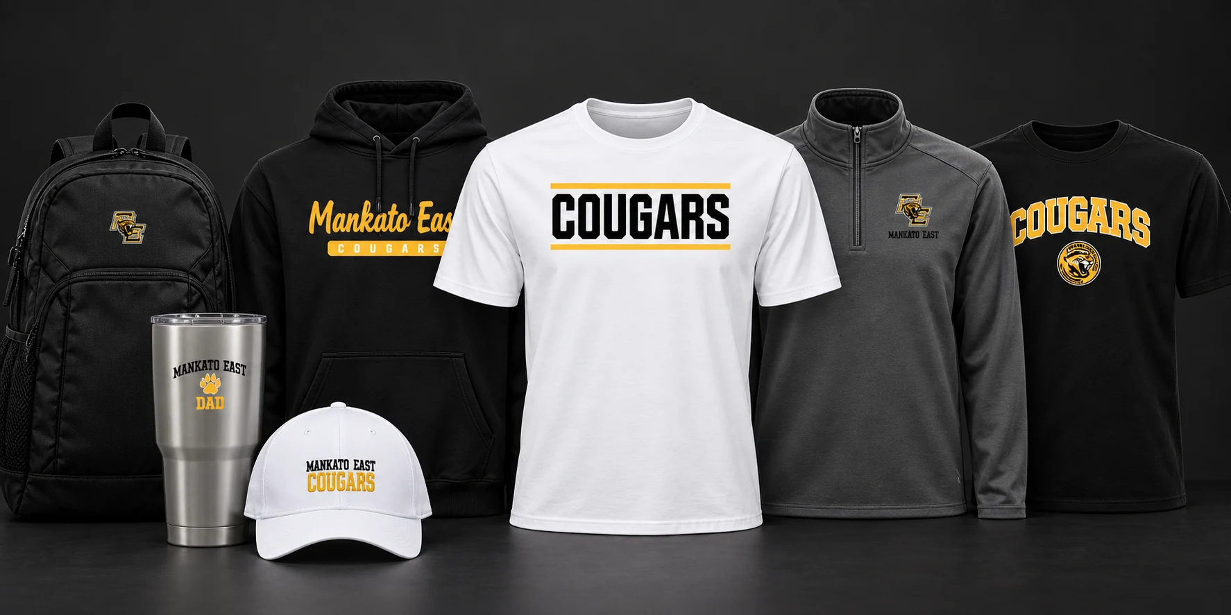 Mankato East Cougars apparel and accessories in black, gold and white.